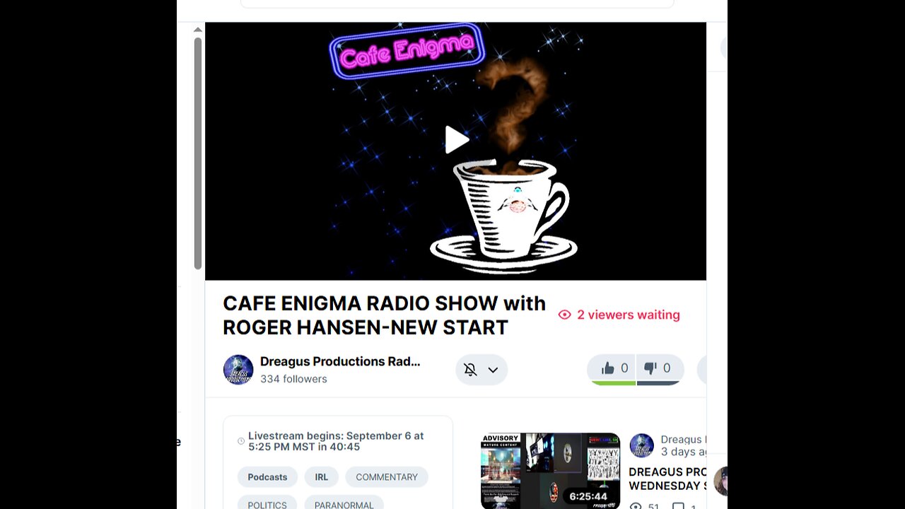 Cafe Enigma Radio Show with Roger Hanson (New Start)