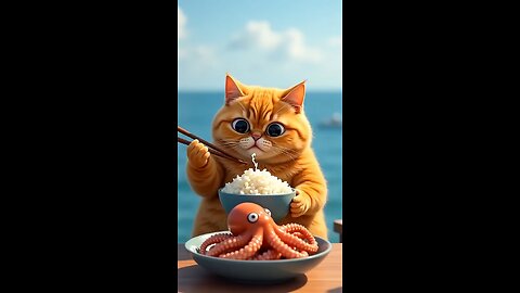 The chubby orange cat who loves to eat is having octopus today #OrangeCat #Food #catshorts #cute