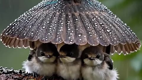 The cute bird protect her babies from wind and rain