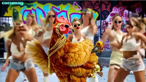 A regular chicken clucks rhythmically, then transforms with gold chains