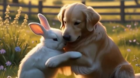 A medium-sized golden retriever and a fluffy white rabbit sitting
