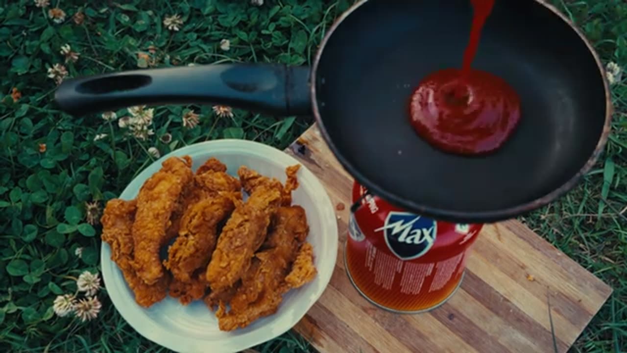 Cooking Chicken Tenders in the middle of a potato field