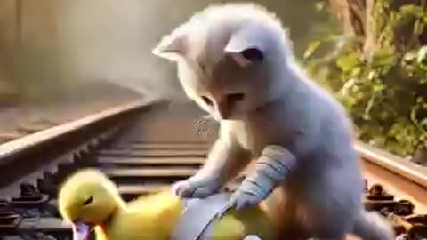 A disabled duckling helps his cat friend 🐥 #DuckRescue #CuteAnimals #AnimalRescue
