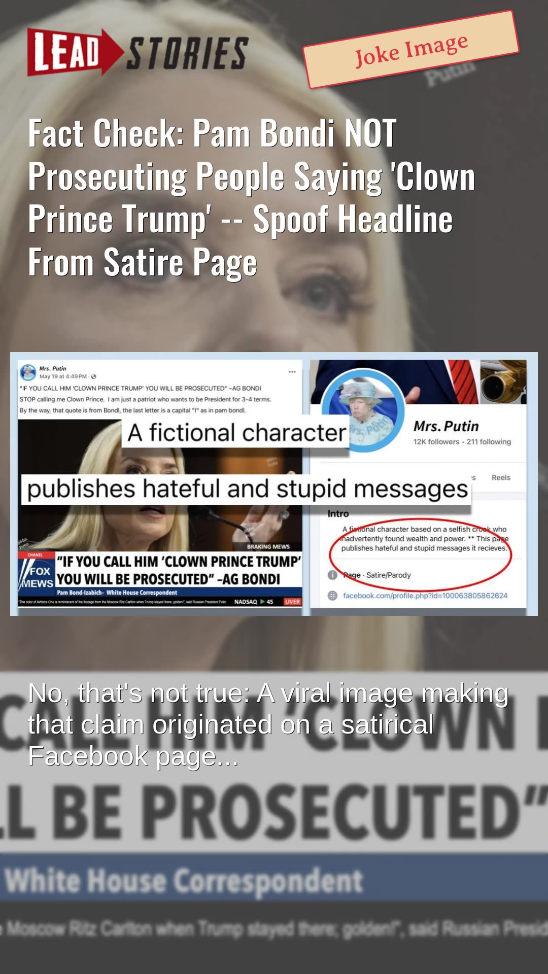 Fact Check: Pam Bondi NOT Prosecuting People Saying Clown Prince Trump -- Satire Page Headline