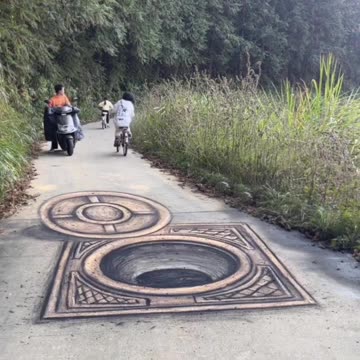3D painting giant manhole on the road