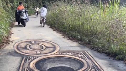 3D painting giant manhole on the road
