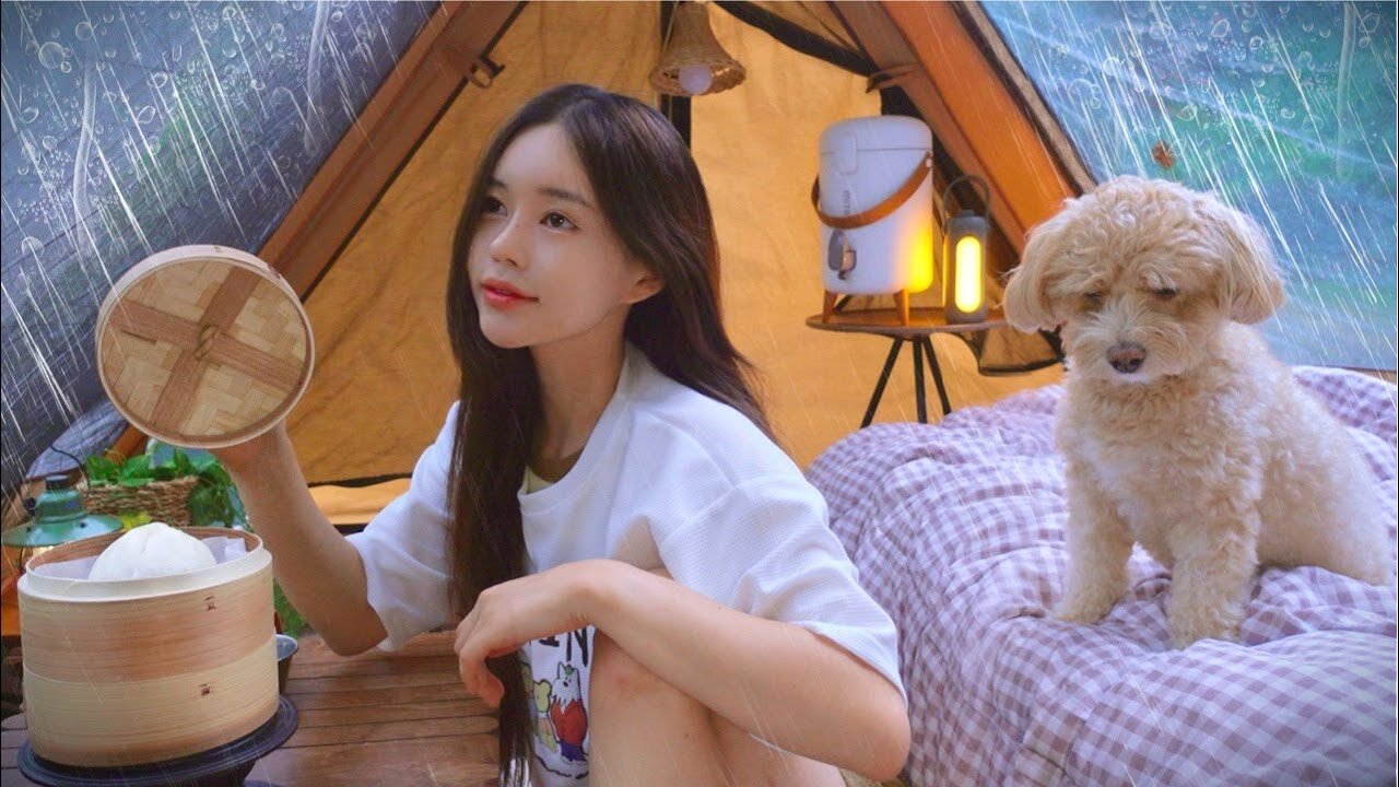 A glass of soju with hot seafood ramen in the rain that falls all day