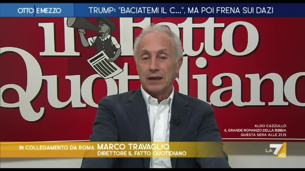 Marco Travaglio in tv sui dazi degli USA:La Meloni è una pulce in questo gioco."E' già grasso che cola,ha sostanzialmente ottenuto quello che si proponeva con quell'annuncio e cioè costringere i Paesi più deboli a baciargli il culo.