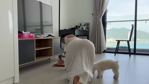 Cleaning the house in a transparent white dress with my favorite dog