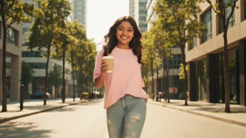 Happy Girl's Morning Walk in the City with Coffee | Zaya Bliss