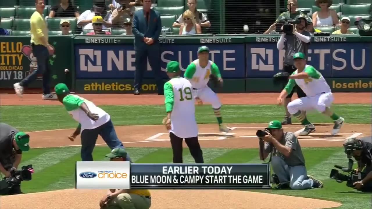 June 27, 2015 - Bert Campaneris & John "Blue Moon" Odom Throw Out First Pitches Before A's Game