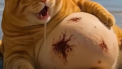 Orange cat fight with a shark. Ai cartoon orange fat cat funny video
