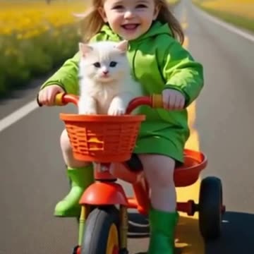 Cute Baby driving tricycle with kitty #viral #trending