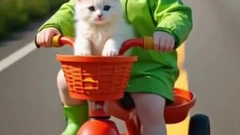 Cute Baby driving tricycle with kitty #viral #trending