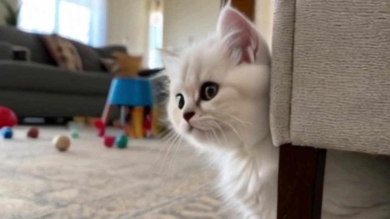 White Cat Playing Hide and Seek