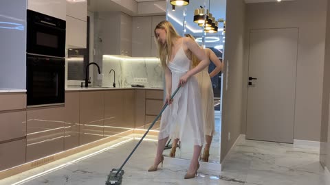 Slow Mop Cleaning in Transparent Outfit - Relaxing Cleaning Vibes