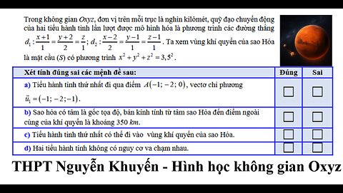 THPT Nguyễn Khuyến: Trong không gian Oxyz, đơn vị trên mỗi trục là nghìn kilômét, quỹ đạo chuyển