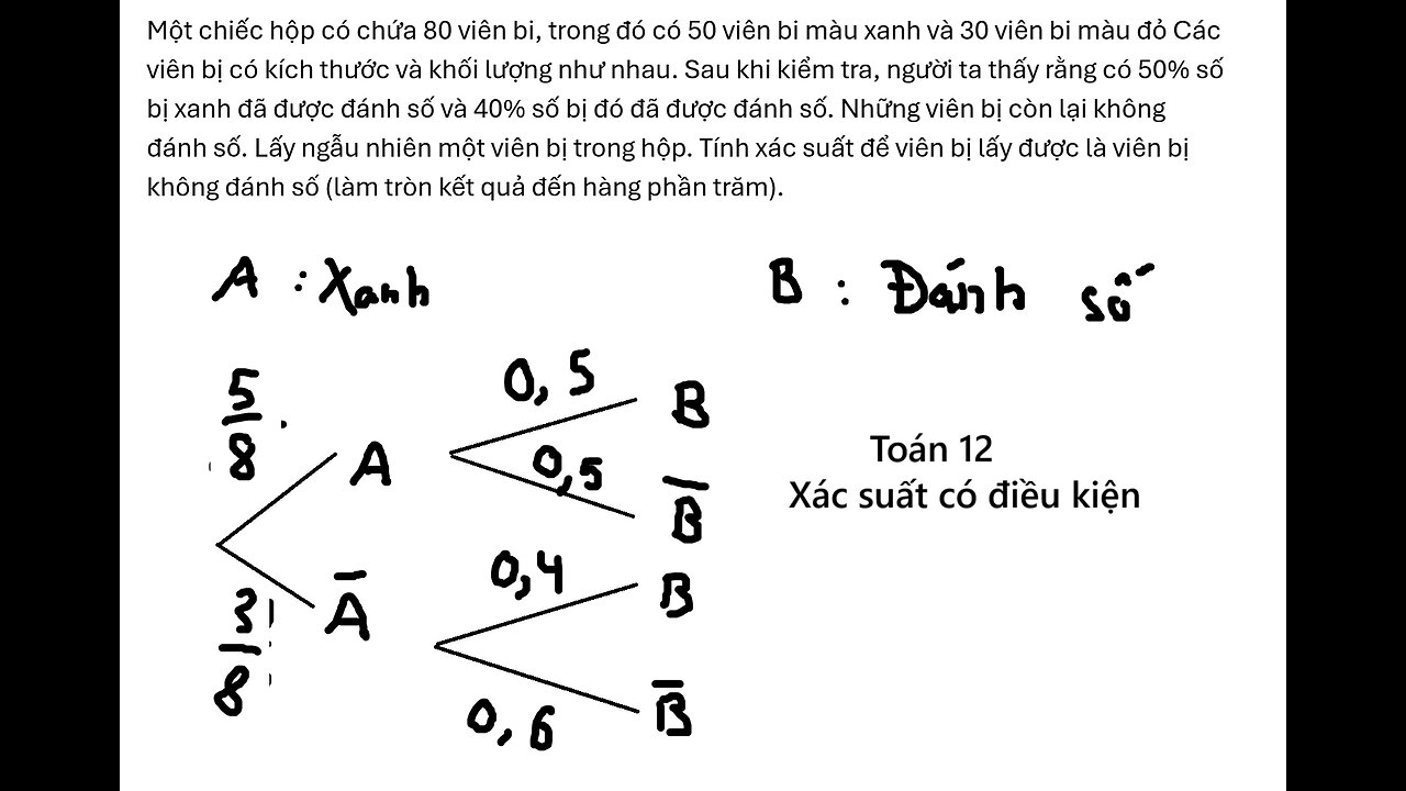 Toán 12: Xác suất có điều kiện: Một chiếc hộp có chứa 80 viên bi, trong đó có 50 viên bi màu xanh và