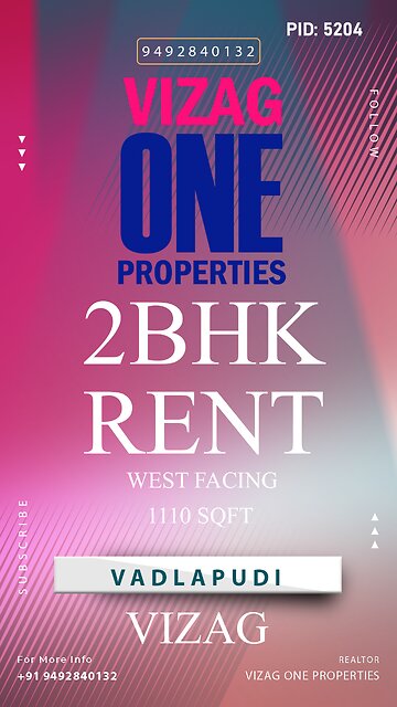 PID:5204 2BHK West Facing Flat Rent in Vadlapudi Steelplant #Vizag VizagOneProperties | Realtor
