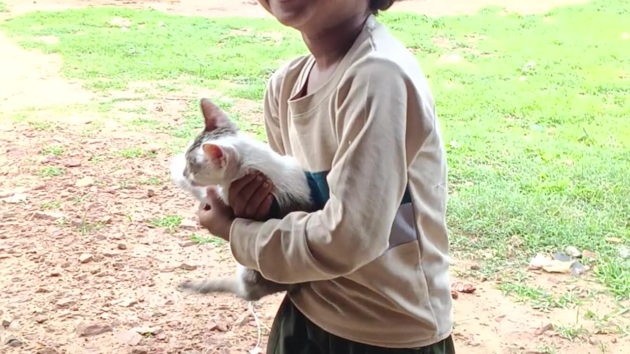 "Adorable Little Boy Feeding a Baby Kitten for the First Time 🐾💕"
