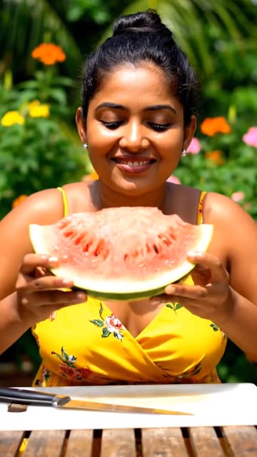 A beautiful woman from sri lanka cut and eats watermelon