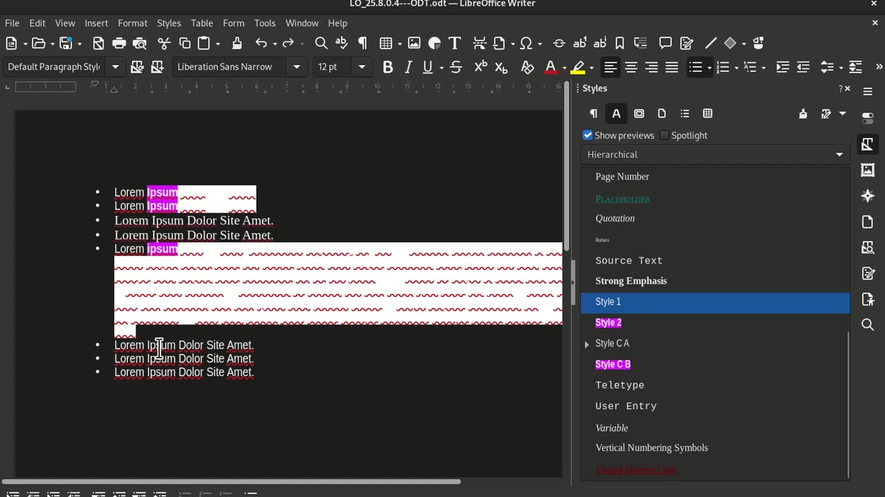 LibreOffice Writer 25.8.1.1 #165999. Challenge character highlighting on dark background.