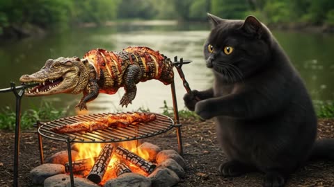 Black cat and crocodile barbecue