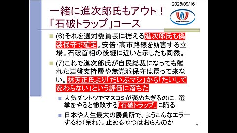 投資戦略動画（公開用）20250916 小泉陣営、試合終了レベルの大エラー！石破首相から政権を禅譲された増税偽装保守とバレる。石破首相後継者は一番進次郎氏で二番林氏。