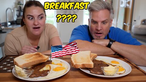 Brits Try American Steak & Eggs for Breakfast | You Have This For Breakfast??