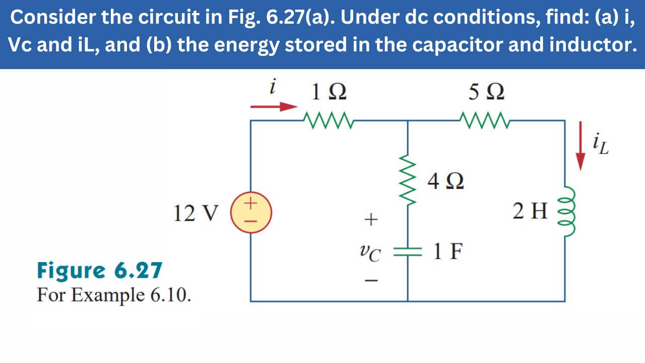 Example 6.10 | The circuit in Fig. 6.27, find: (a) i, Vc & iL, & (b) the energy| FEC 4th Edition