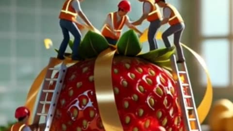 Tiny Workers Wrapping a Giant Strawberry like a Gift