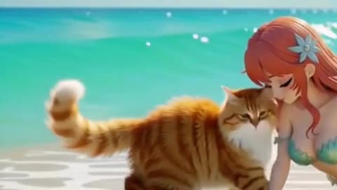 chubby Cat Meets a Mermaid on the Beach 🌊🐱✨