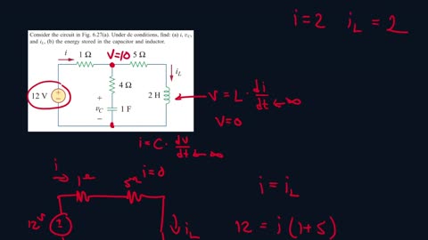 Example 6.10 | The circuit in Fig. 6.27, find: (a) i, Vc & iL, & (b) the energy| FEC 4th Edition