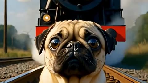 A helpless pug is abandoned on active train tracks, seconds before a speeding train approaches