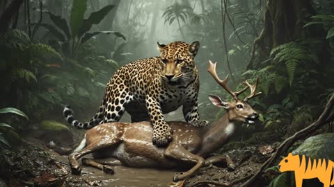 A powerful leopard is hunting a deer in the forest