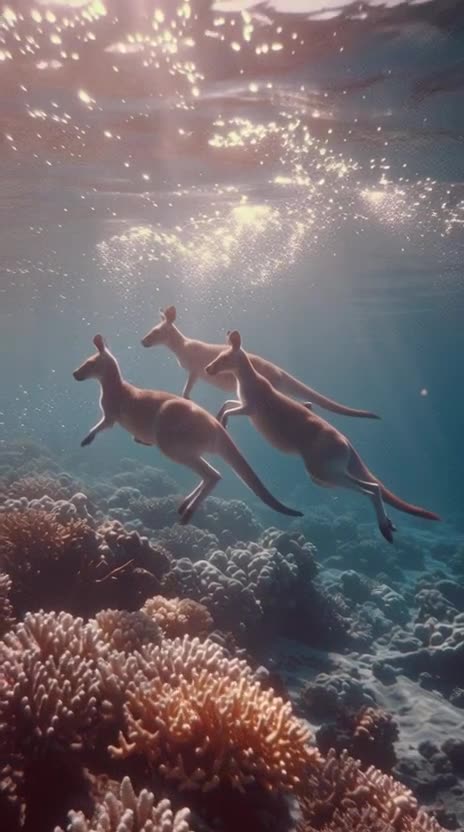 1984 mini dv flashlight footage of group of kangoroos jumping underwater in colorful corals