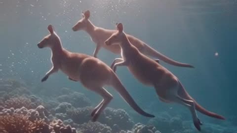 1984 mini dv flashlight footage of group of kangoroos jumping underwater in colorful corals