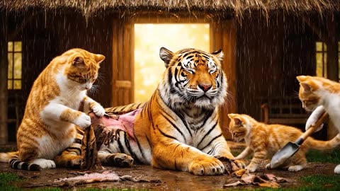 Mama Cat Trims Fur on the Farm and Makes Tiger Hat For Kittens At Home