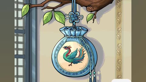Blue Decorative Bag with Phoenix Motif Hanging on a Tree Branch