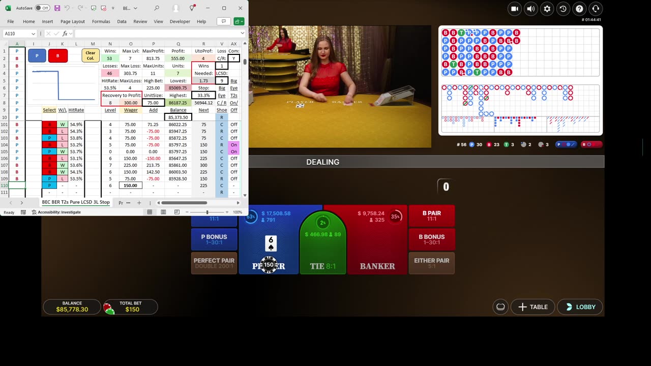 Live Baccarat - 54.3% hit rate and would've won 10x more if LCSD had been set to 1 instead of 9.