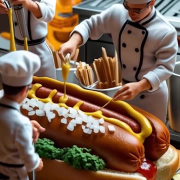 Miniature people chefs are sizzling up some delicious hot dogs! 🌭👨‍🍳 #ToyChefs #Cooking