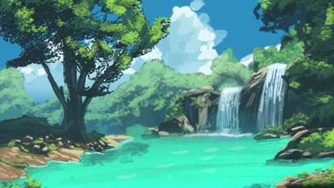 Summer Waterfall with Music and Cloud Animation Procreate in 14 seconds