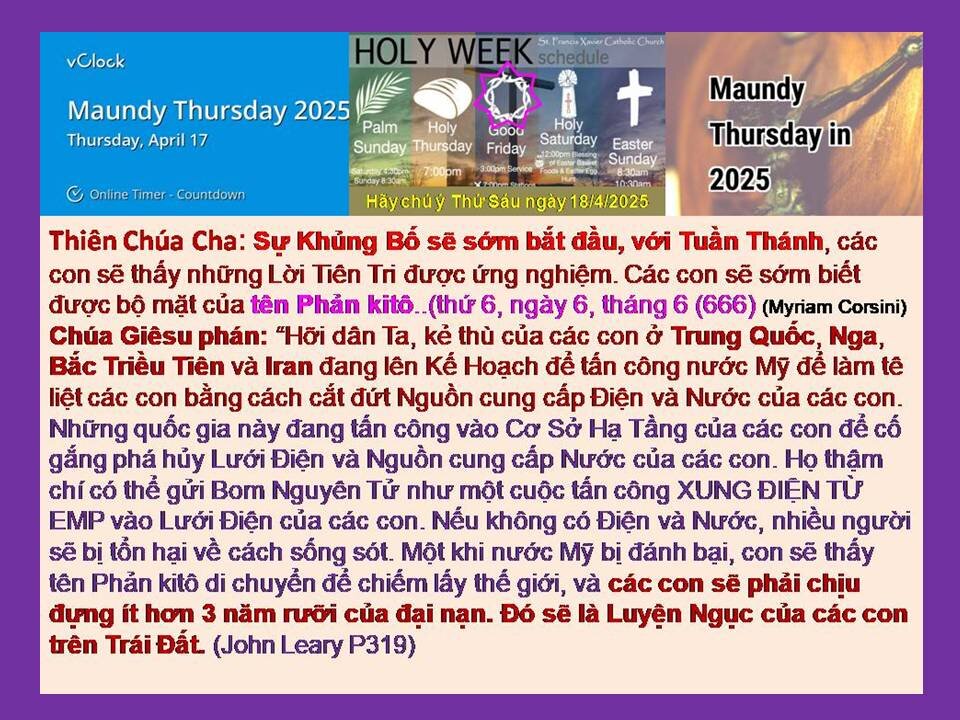 Trích đoạn các thông điệp của John Leary P319: Khủng Bố sẽ sớm bắt đầu, với Tuần Thánh..