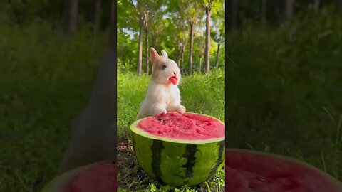 The little rabbit and the little duck eat watermelon together, cute rabbit, rural courtyard