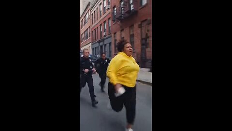 Fat lady chased by police and fly on the moon