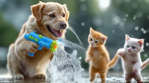 Ginger Papa Dog Hosts a Water Festival for Orphaned Kittens on Children's Day 🎉🐶💦🐱