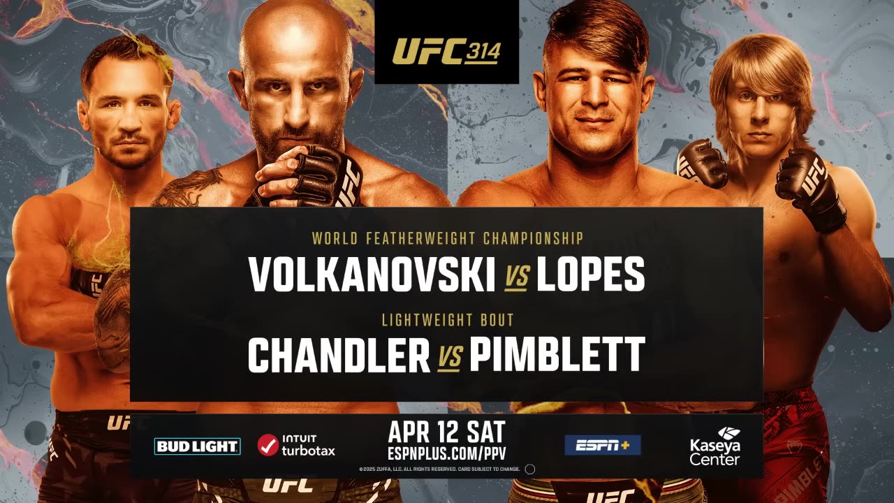 UFC 314 Volkanovski vs Lopes SUN 13 APRIL fight card