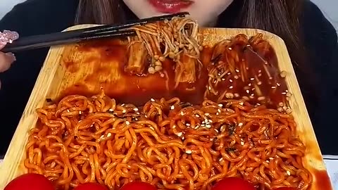 Asmr Mukbang_ Food With Plate_ Spicist Enoki Mushrooms_ And Noodles Meatballs Spicy Yummy