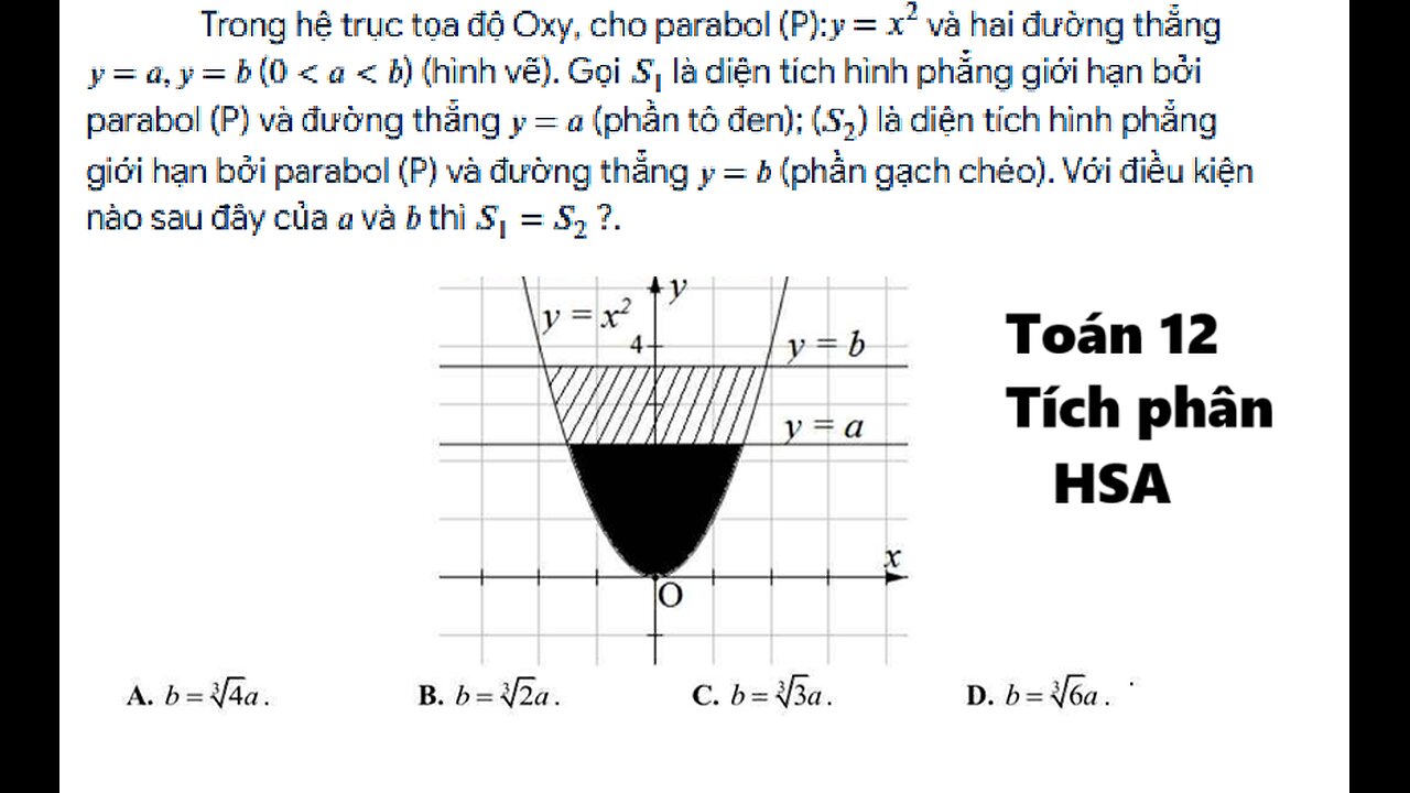 Toán 12: HSA: Trong hệ trục tọa độ Oxy, cho parabol (P):y=x^2 và hai đường thẳng y=a,y=b