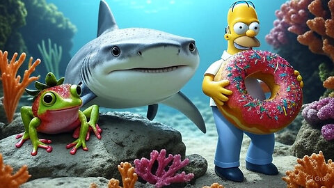 "Wild & Wacky Animated Video: Shark-Fruit, Strawberry Frog, and Donut Homer Adventure!"